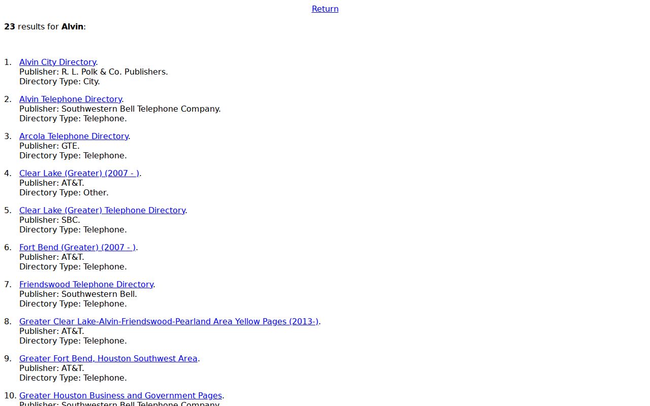 Alvin city directory and telephone directory catalog at the UT Center for American History