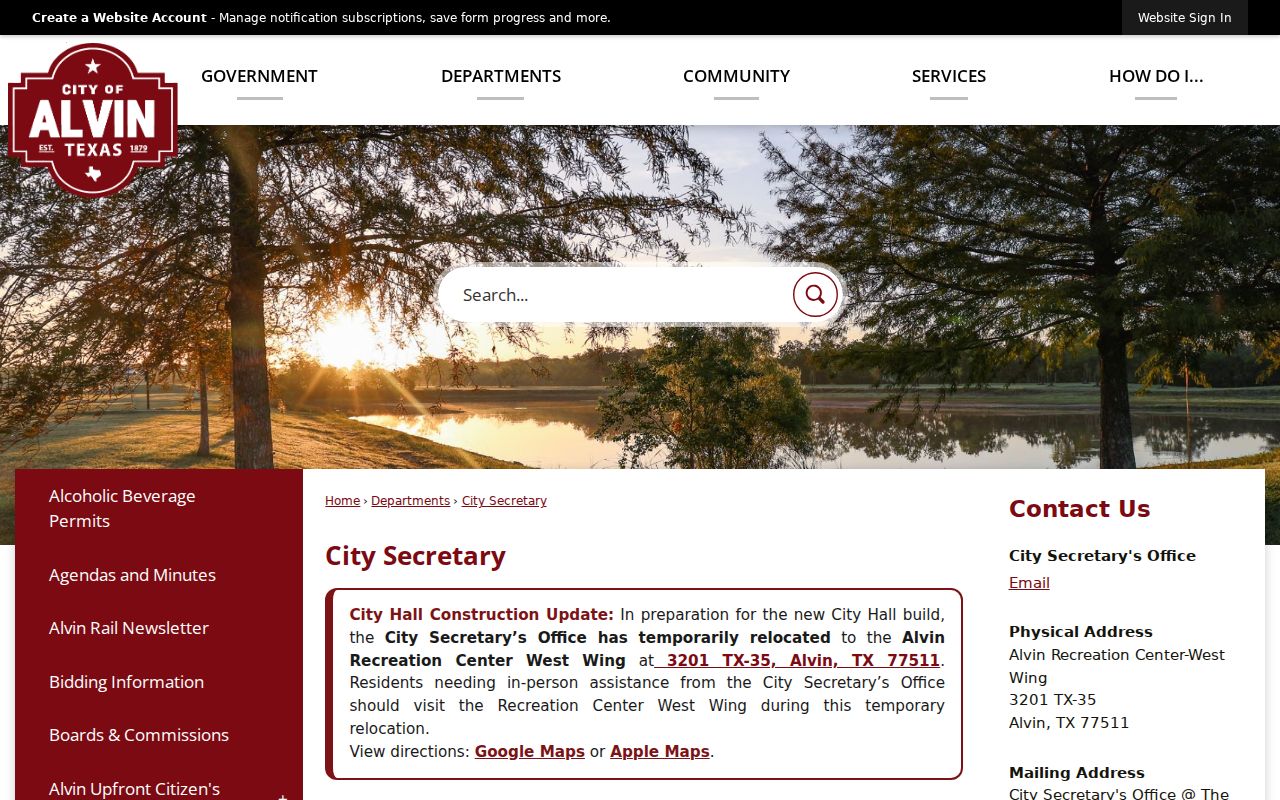 Alvin residents directory City Secretary records contact