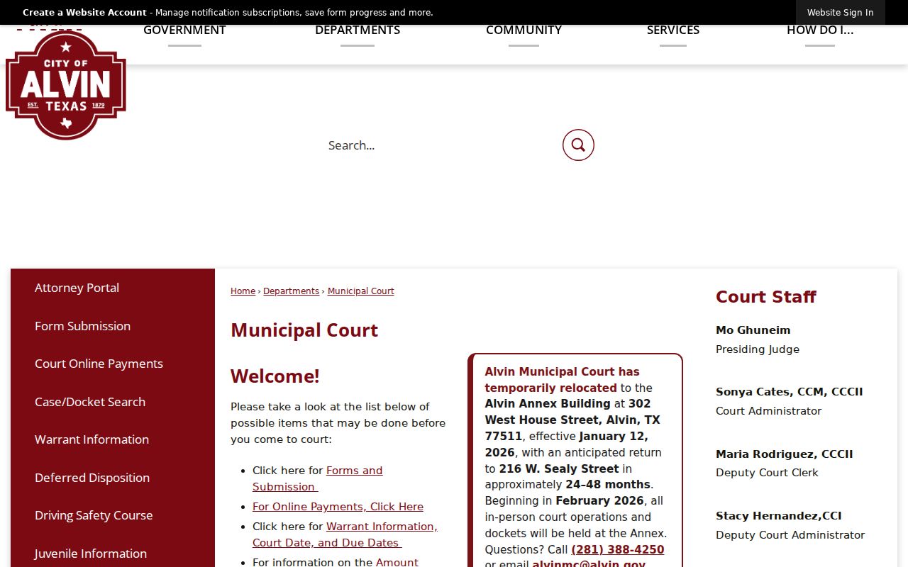 Alvin residents directory municipal court access information
