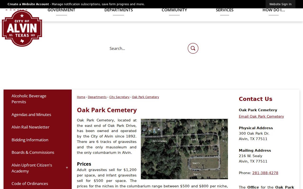 Alvin previous residents Oak Park Cemetery burial record source