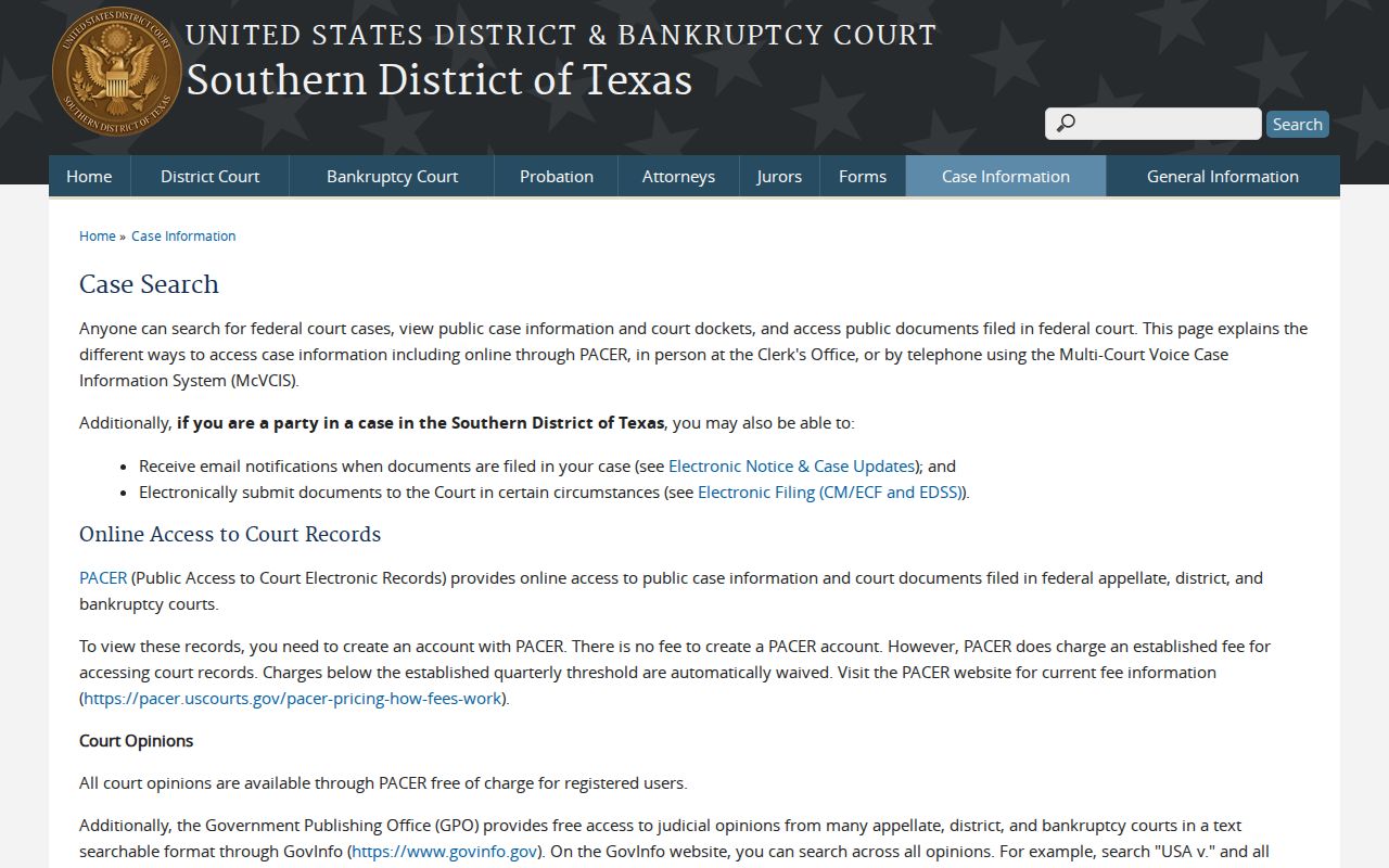 Alvin resident lookup using the Southern District of Texas federal case search